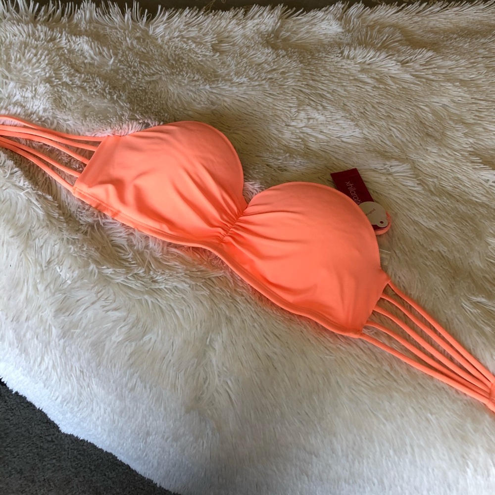 Women’s Neon Coral Bandeau Swim Top with Strappy Sides